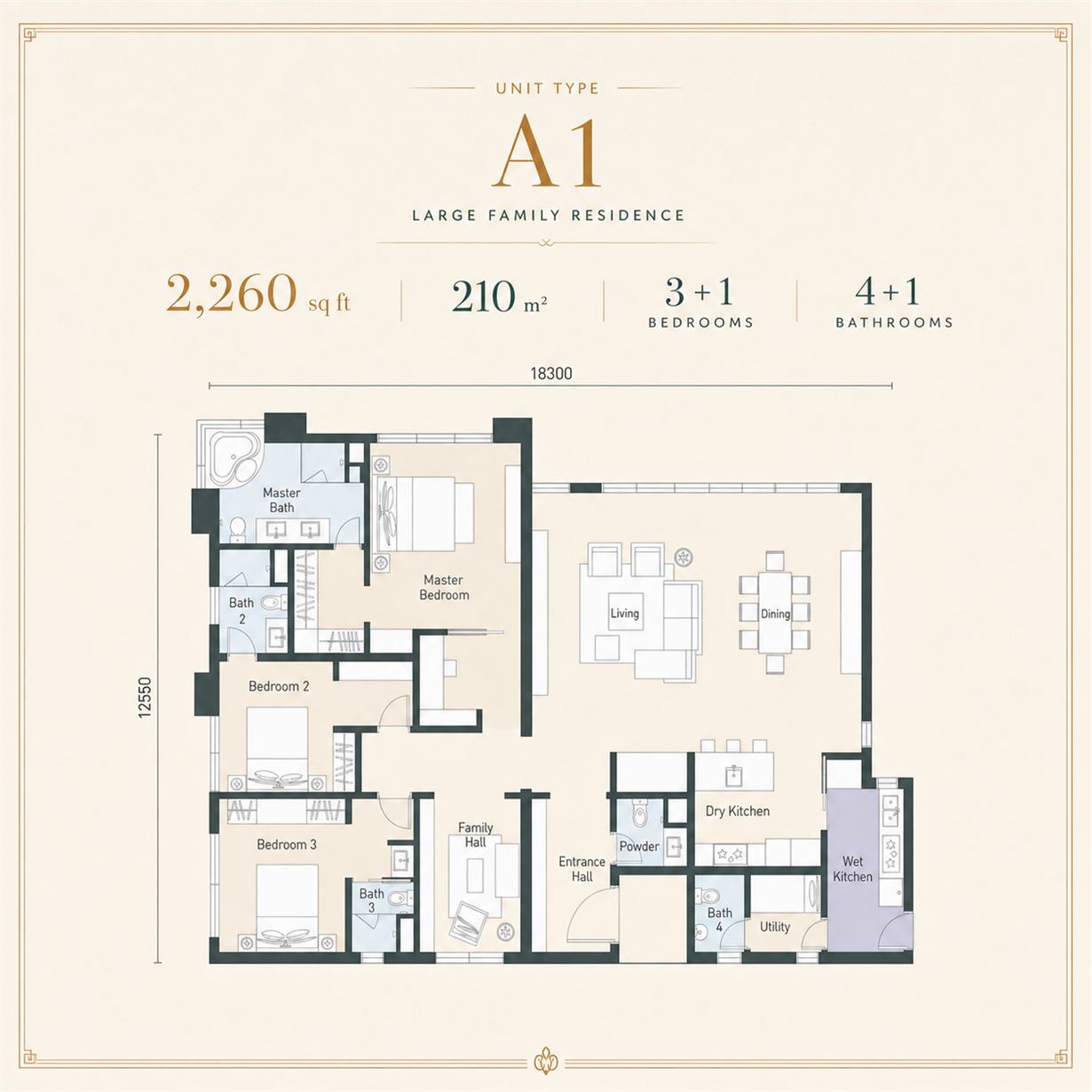 Cappella Embassy Type A1 floor plan, 2,260 sqft with 3+1 bedrooms and 4+1 bathrooms